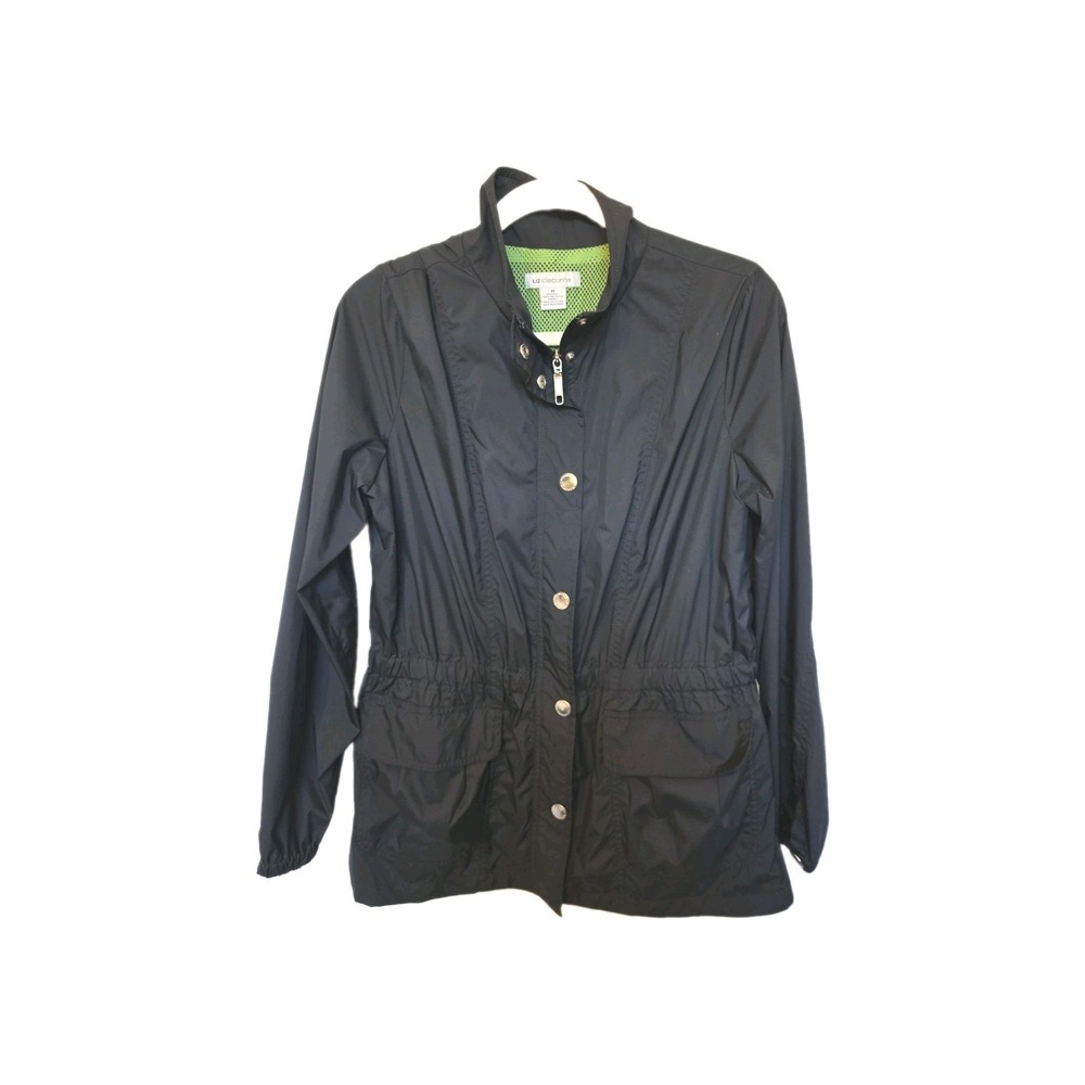 Liz Claiborne Womens Black Utility Windbreaker Jacket Neon Mesh Lining Medium